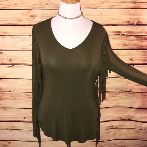 JohnPaulRichard Tops - JohnPaulRichard Olive V Neck Fringe Top